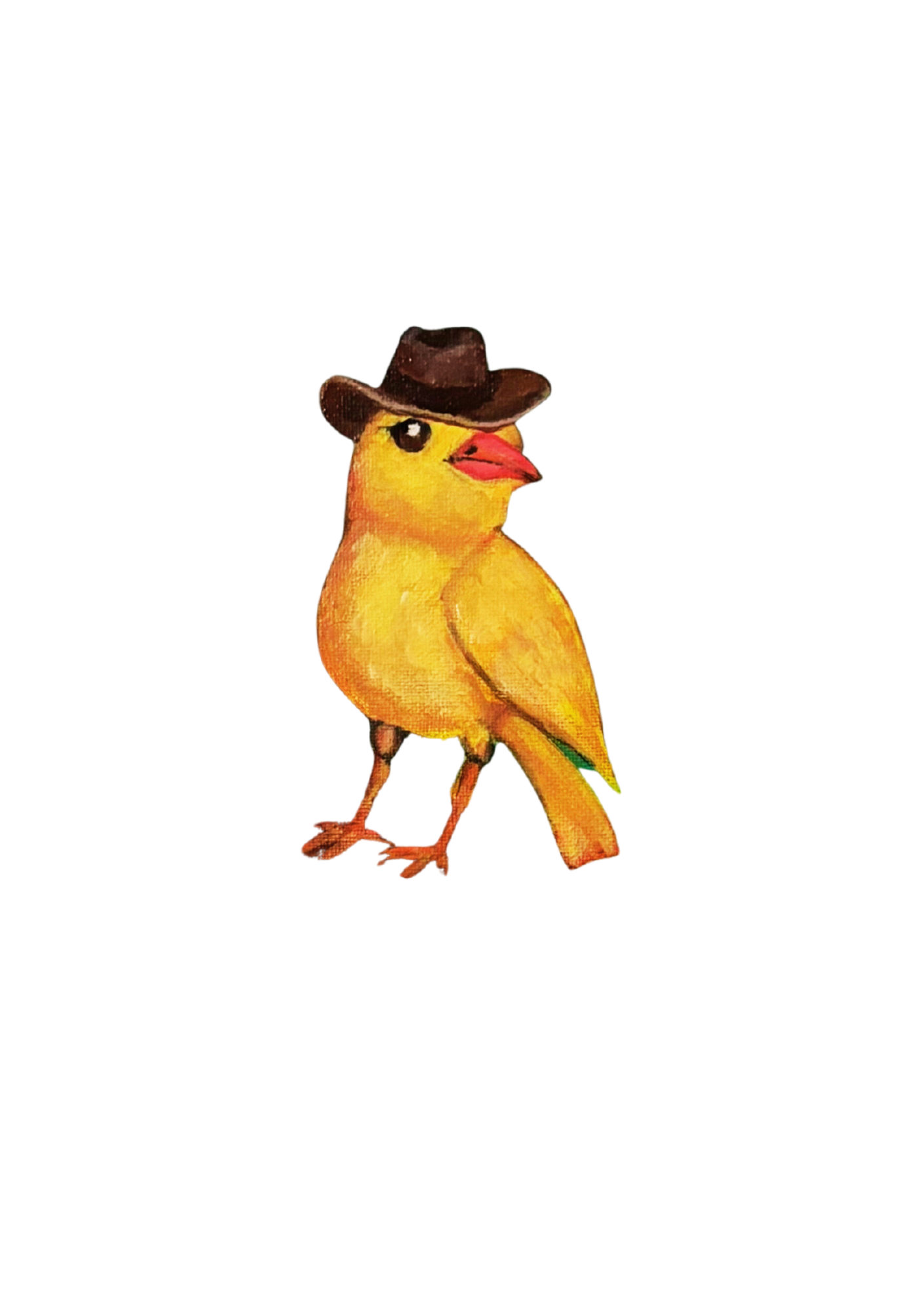 The yellow bird with the cowboy hat that sits on Sunshine and Sass