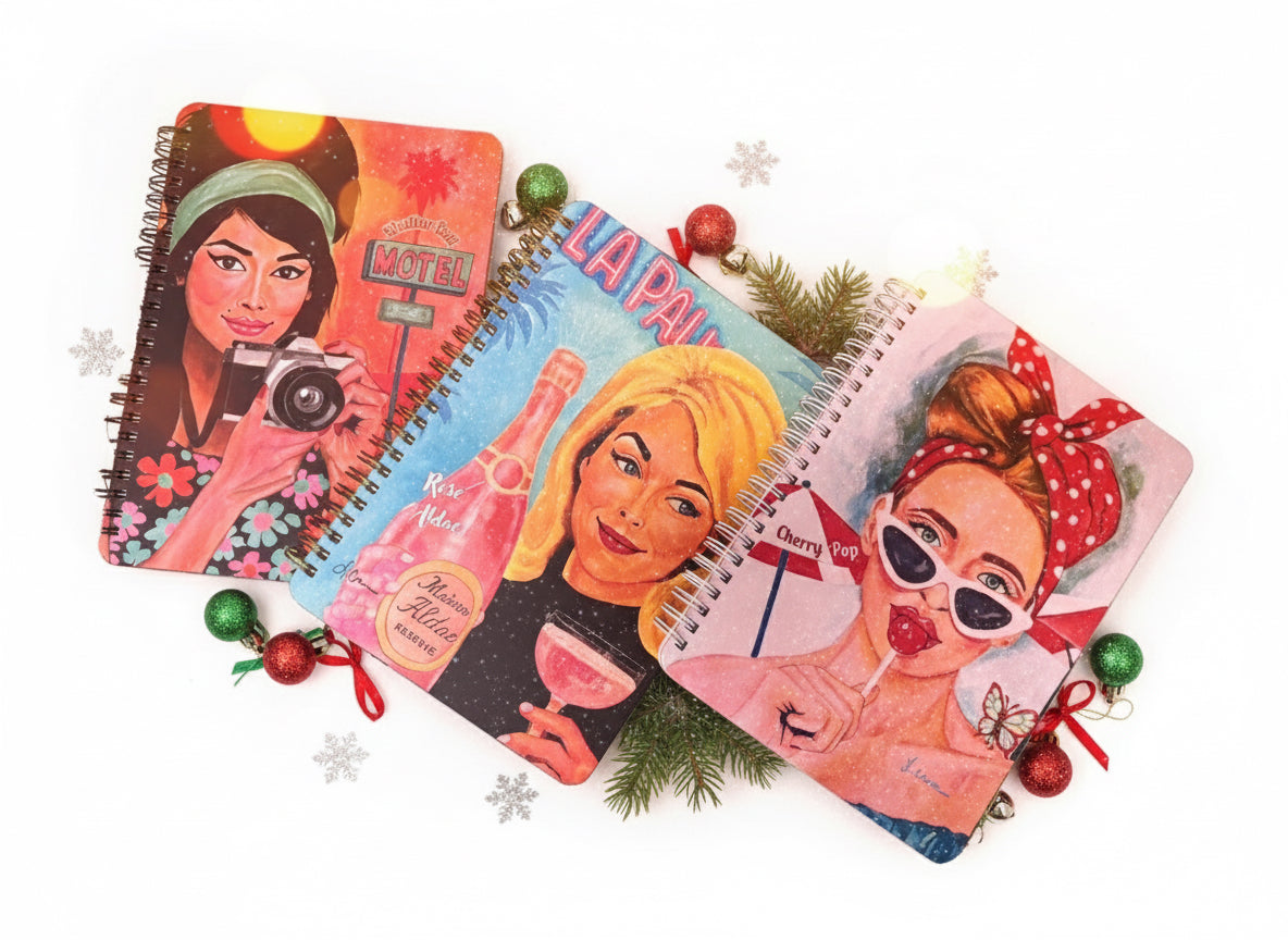 Collection of three 60s Charmers art notebooks—Cherry Pop, Shutter Bell, and Rosé Aldae—featuring colorful retro-inspired feminine illustrations; aesthetic notebooks for women.