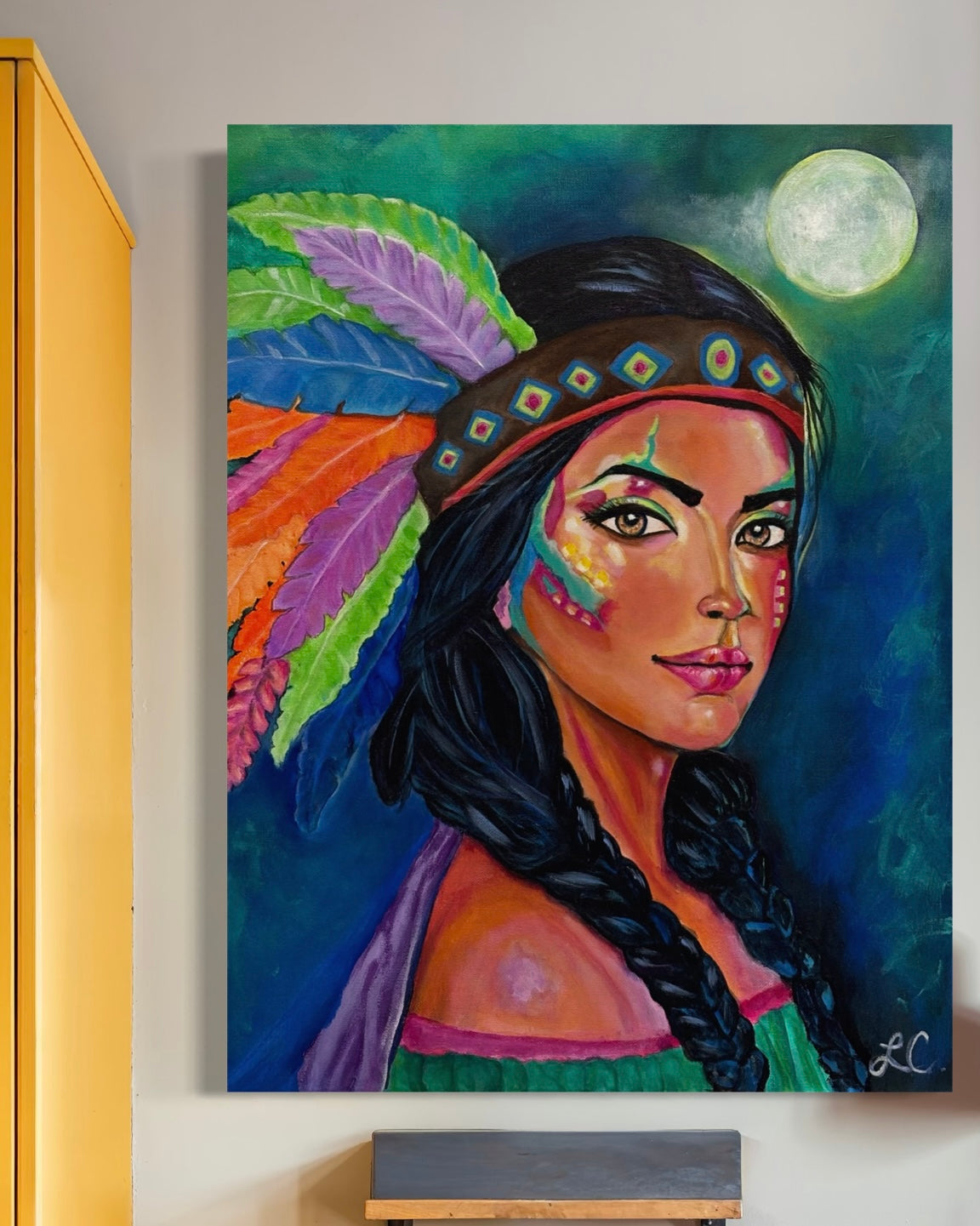 Brightly colored print of women on canvas
