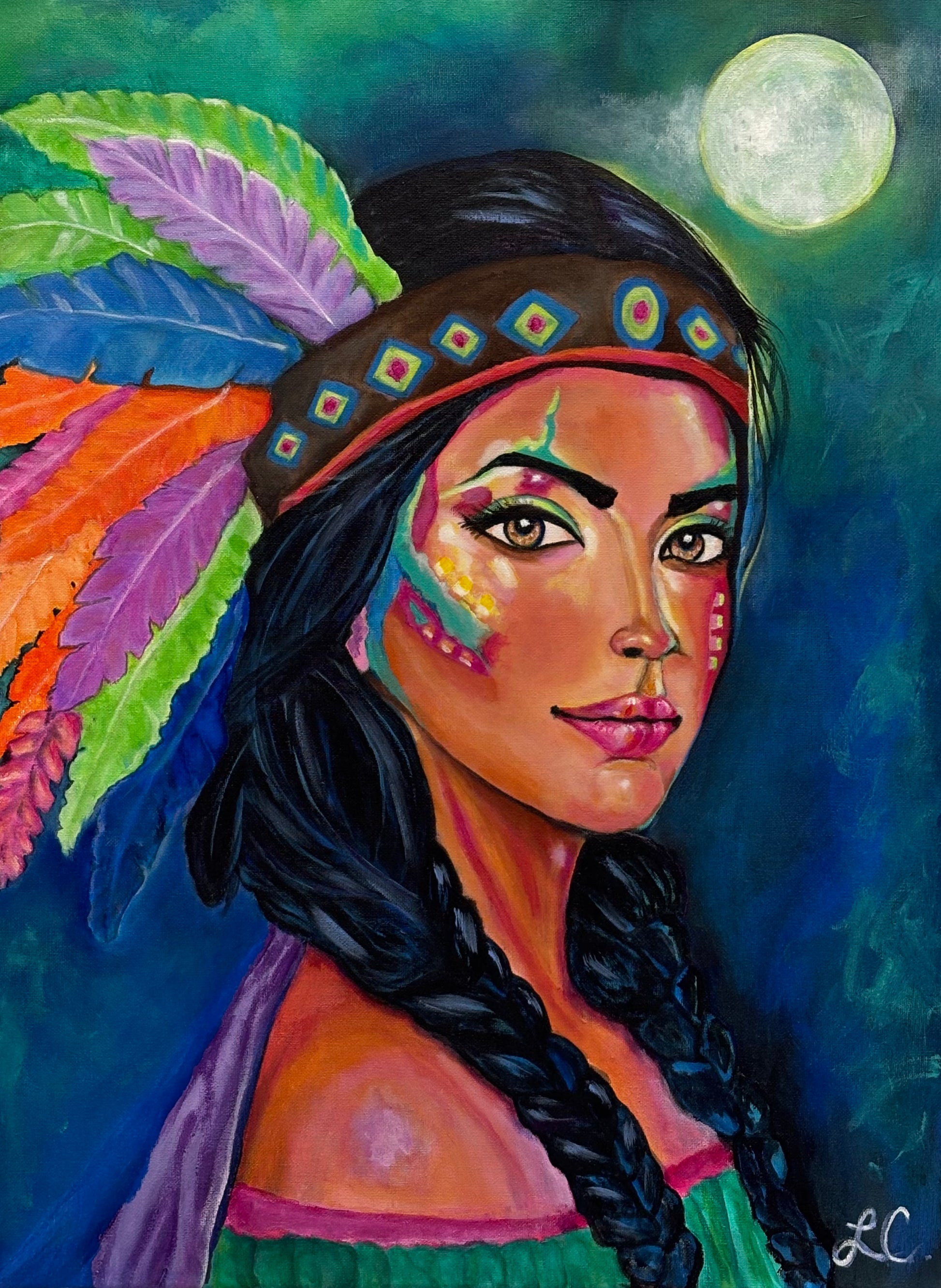 Artistic depiction of a Native American woman with colorful headdress and face paint against a night sky.