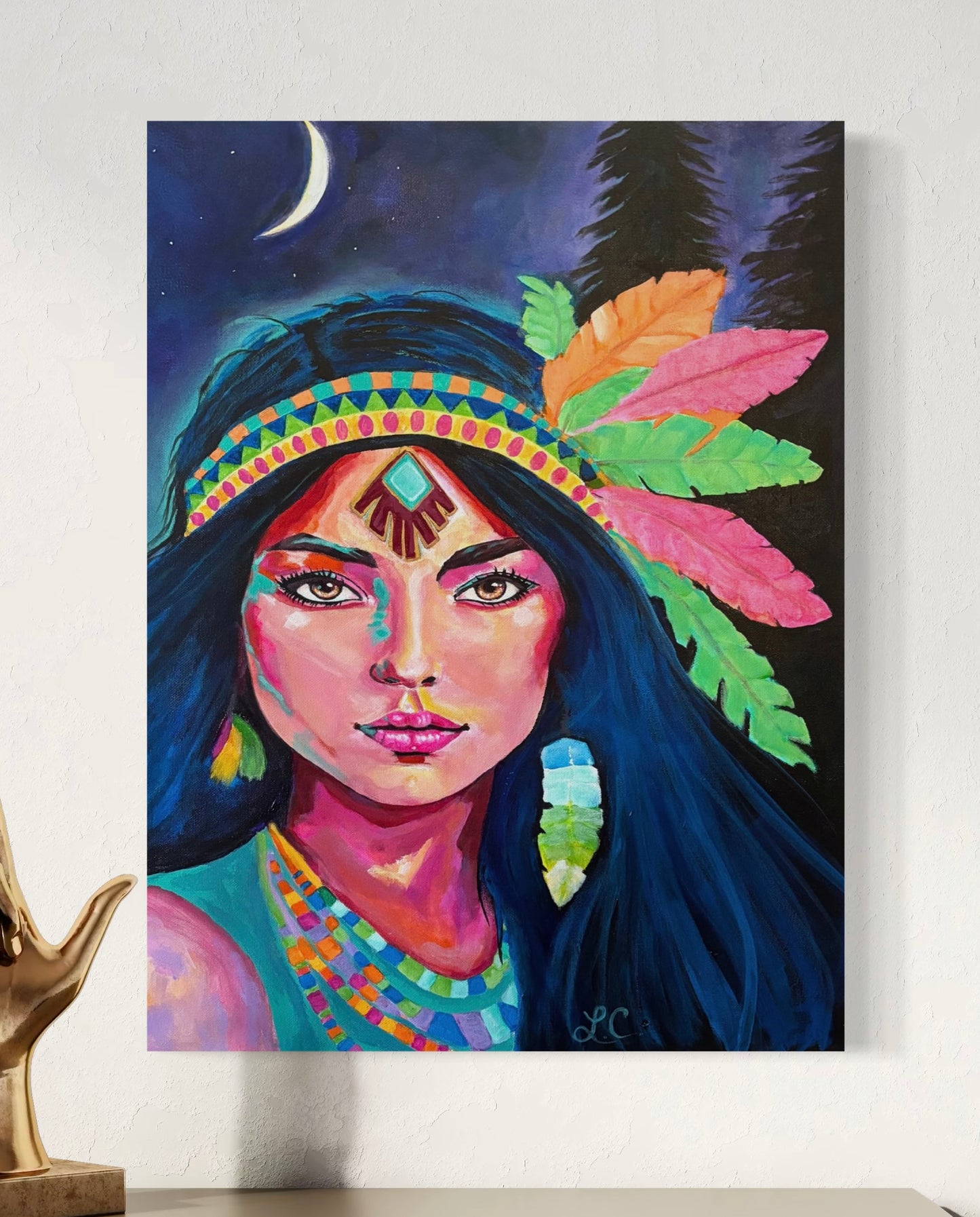 Colorful canvas print of women with feathers