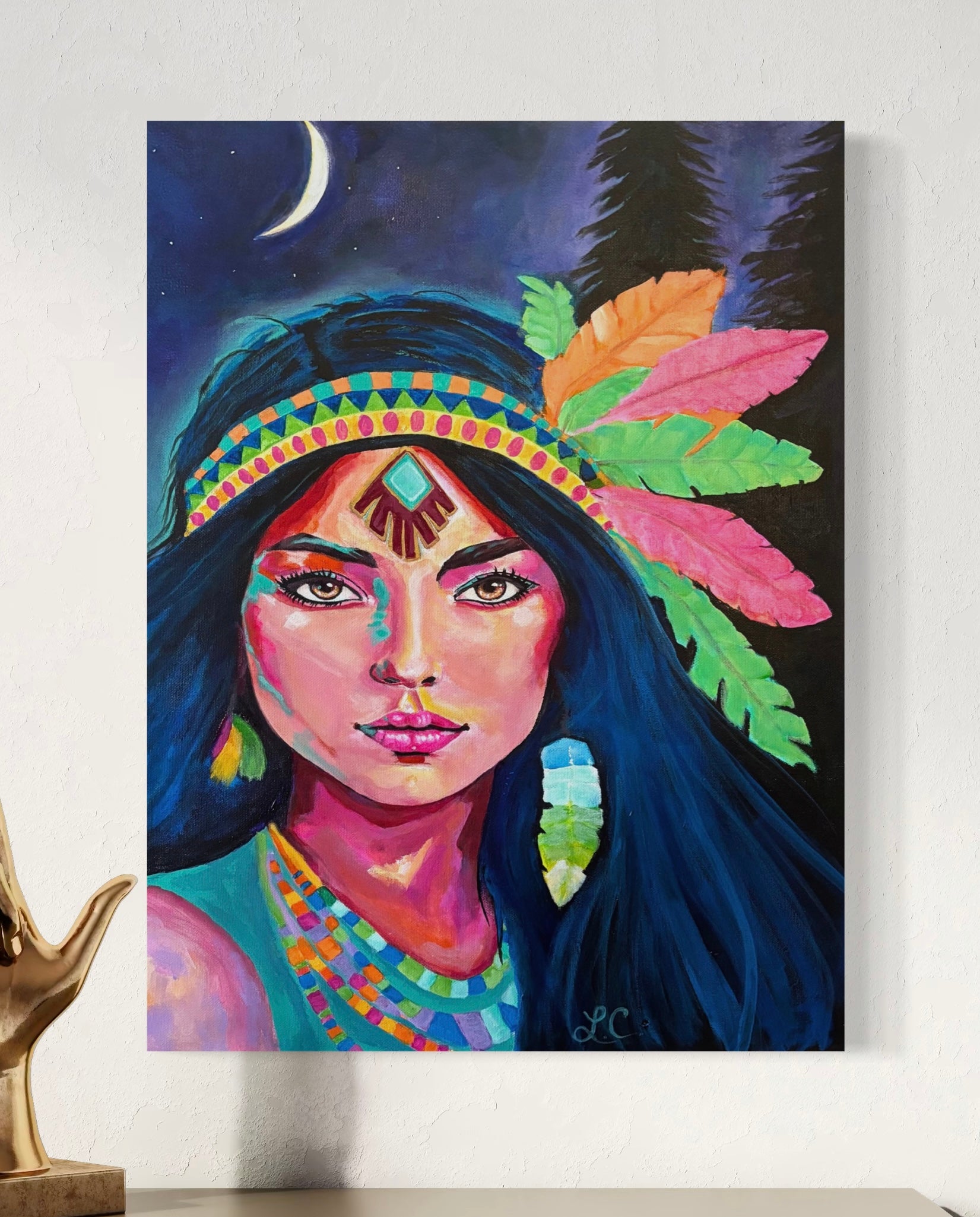 Colorful canvas print of women with feathers