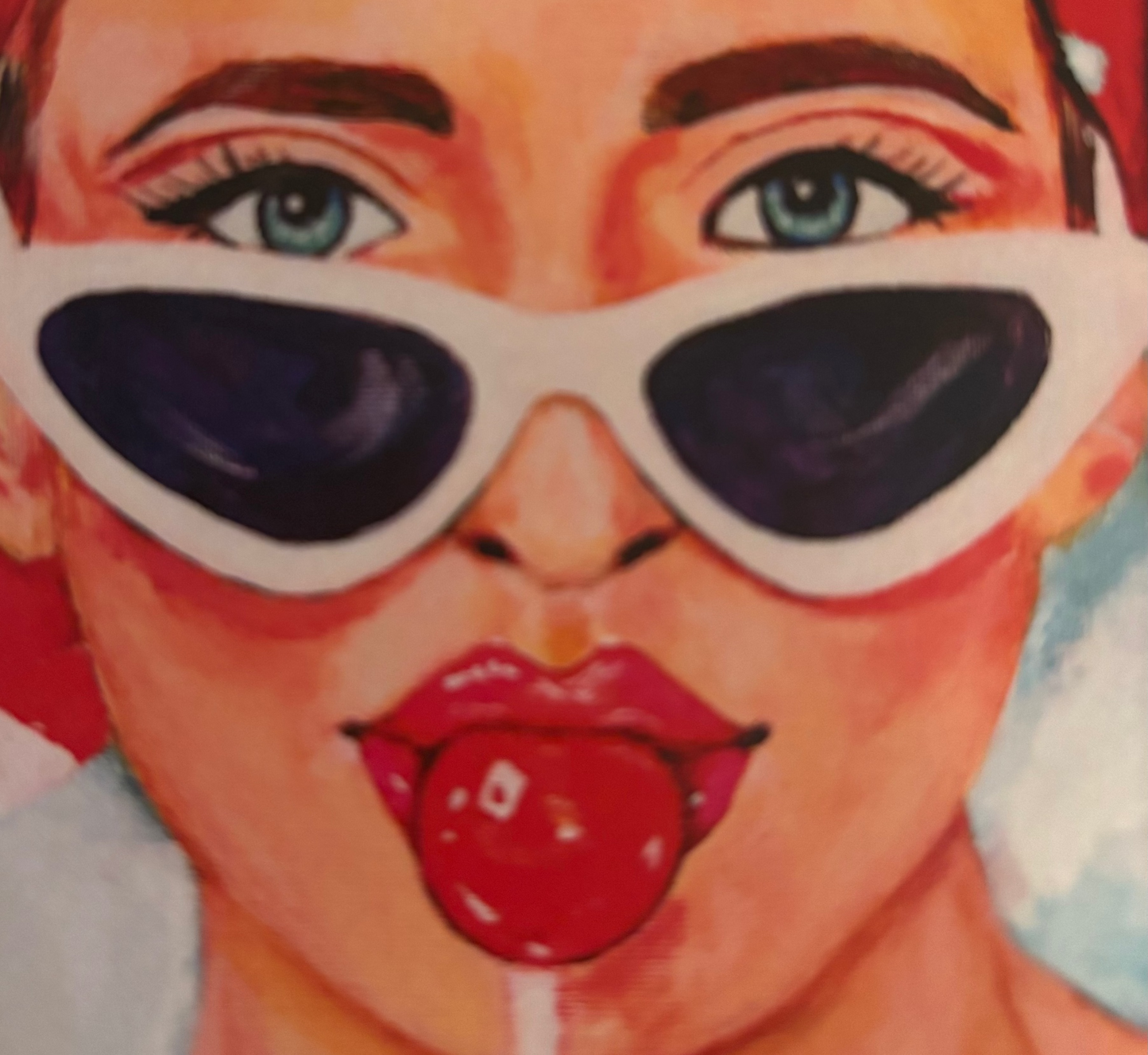 Close-up detail of the Cherry Pop art notebook illustration, featuring the retro red-haired girl’s face; colorful 60s Charmers cover artwork.