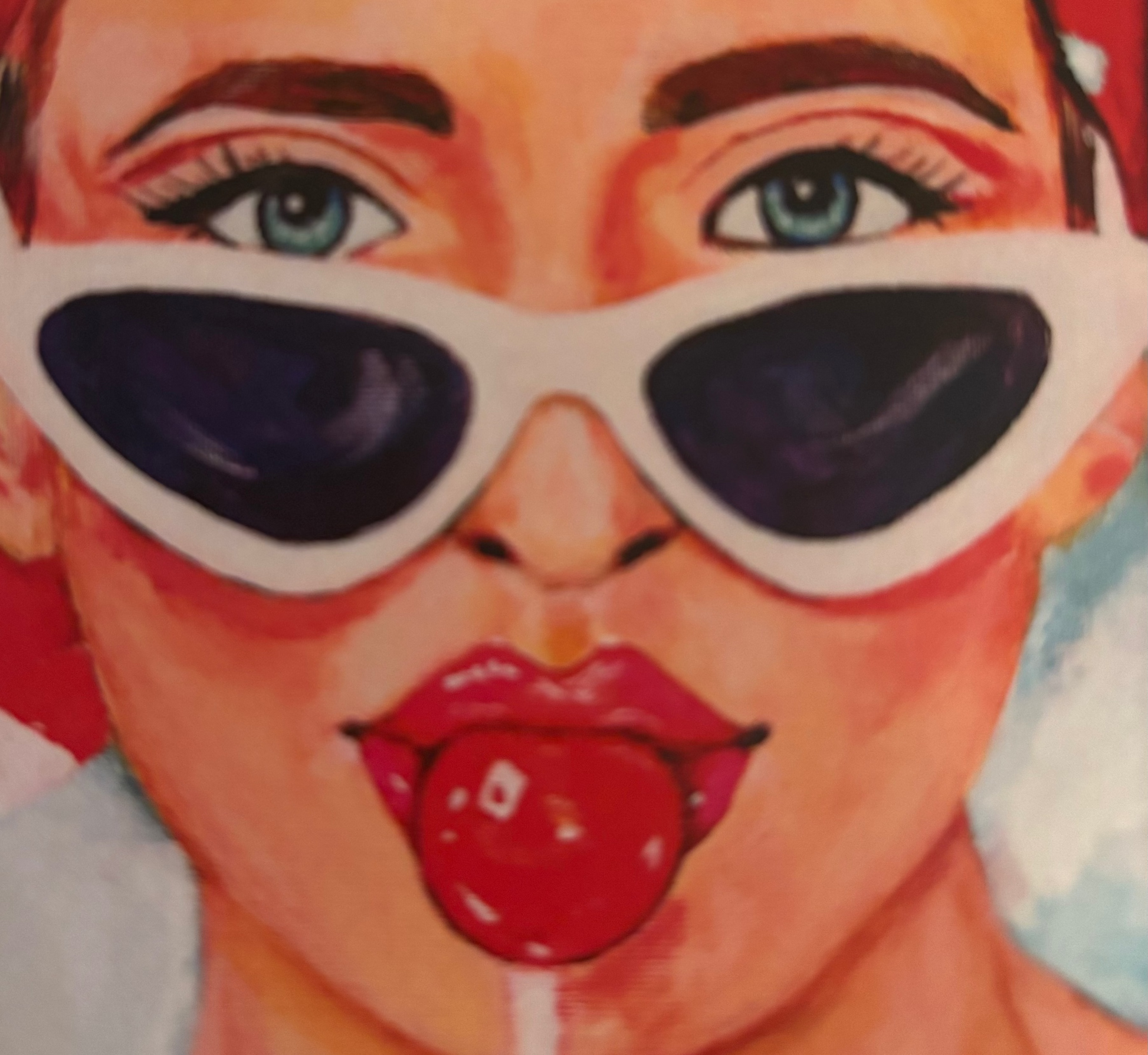 Close-up detail of the Cherry Pop art notebook illustration, featuring the retro red-haired girl’s face; colorful 60s Charmers cover artwork.