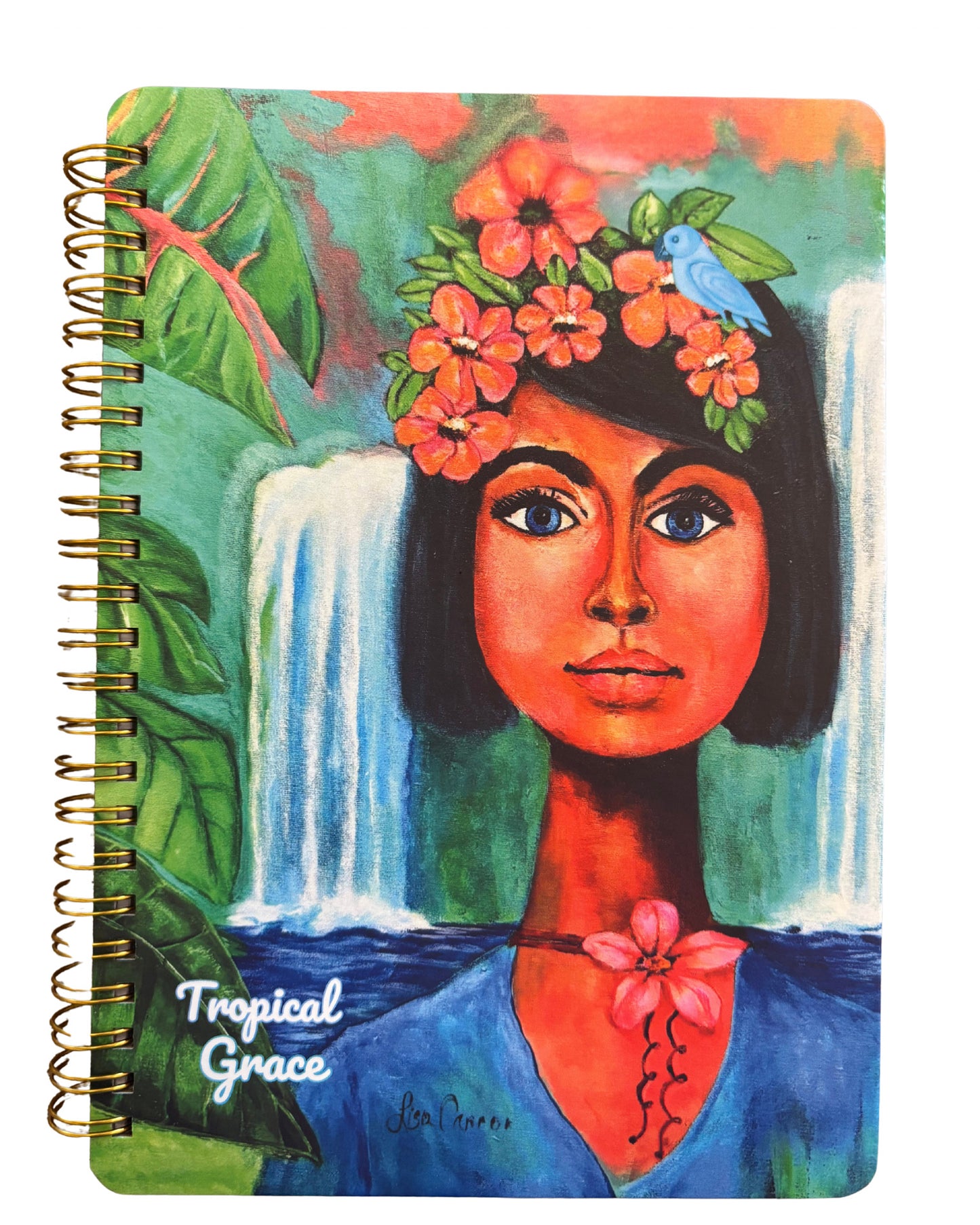 Notebook with a colorful painting showing a waterfall and her bluebird