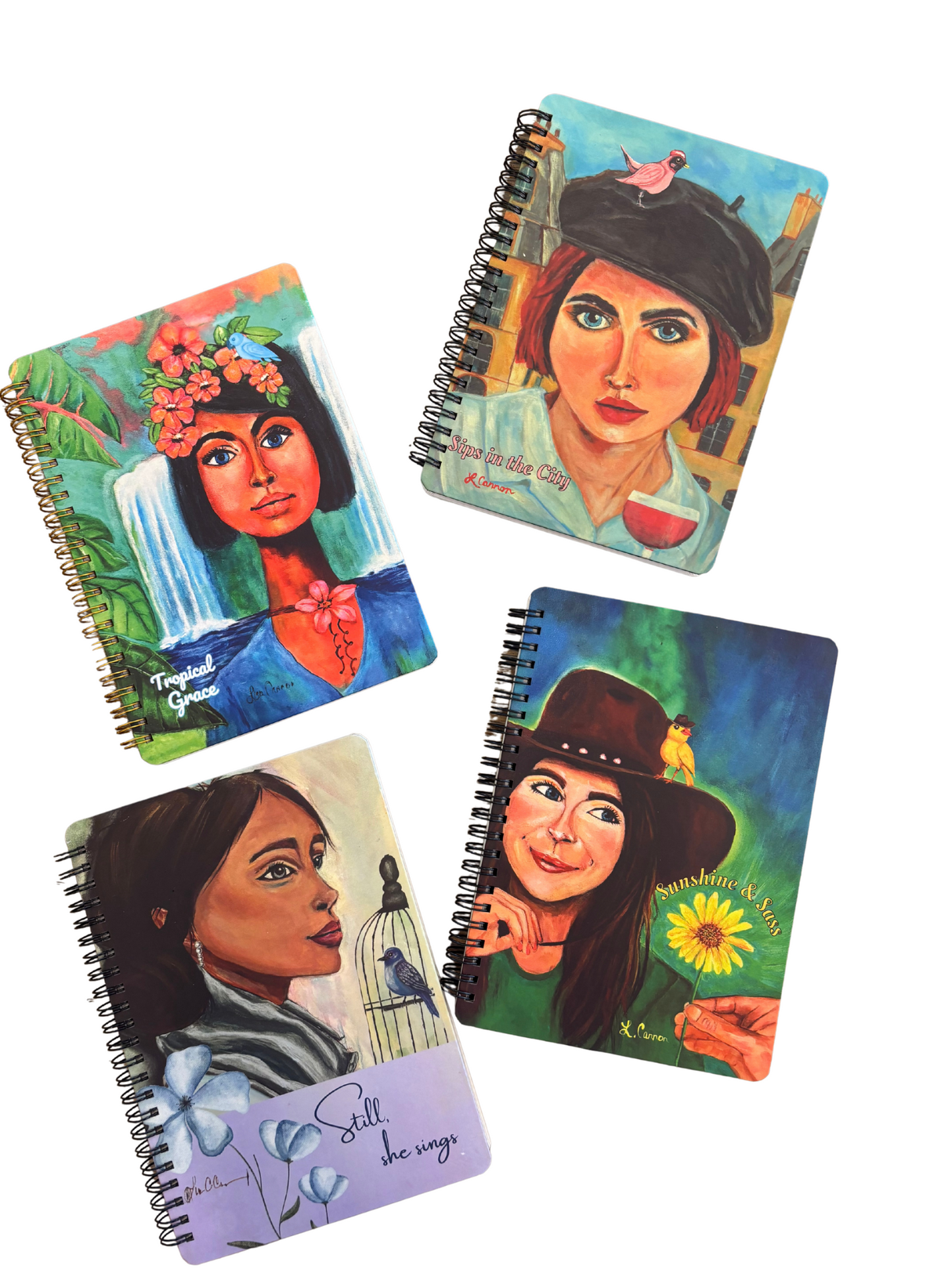 Four spiral-bound notebooks with artistic covers featuring women's portraits on a white background.