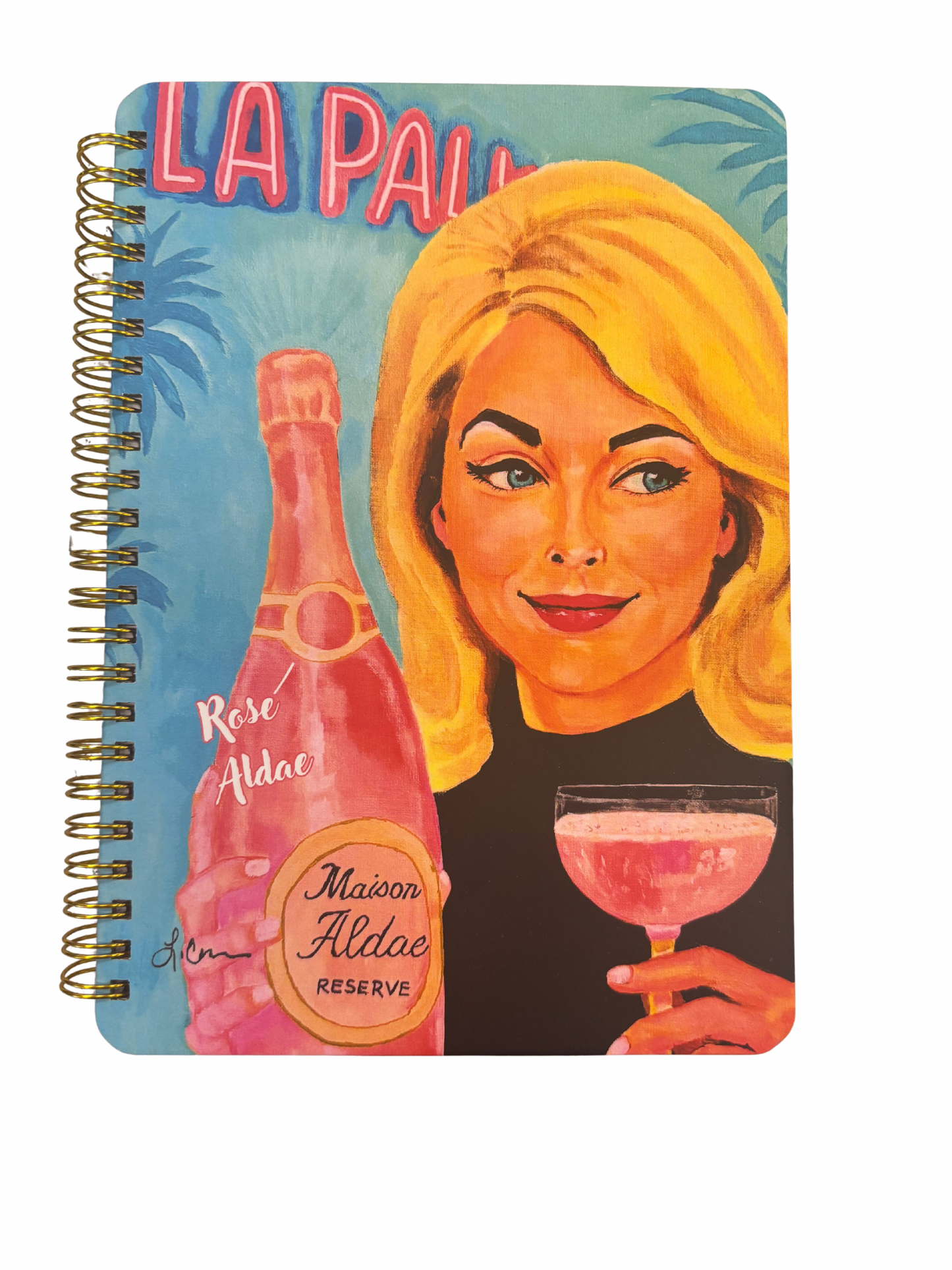 Notebook with a design of a woman holding a cocktail and a bottle, titled 'La Palme'.