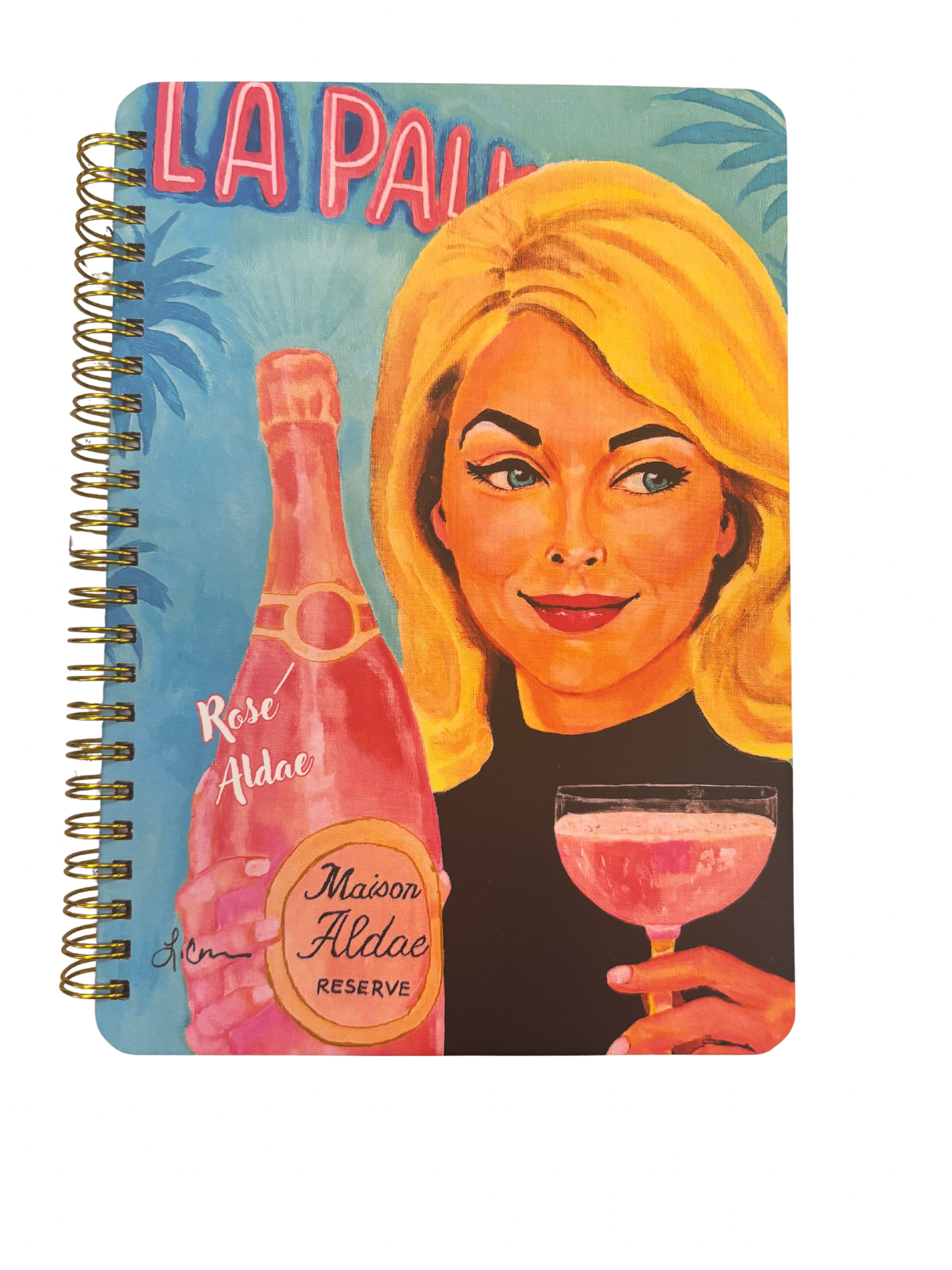 Notebook with a design of a woman holding a cocktail and a bottle, titled 'La Palme'.