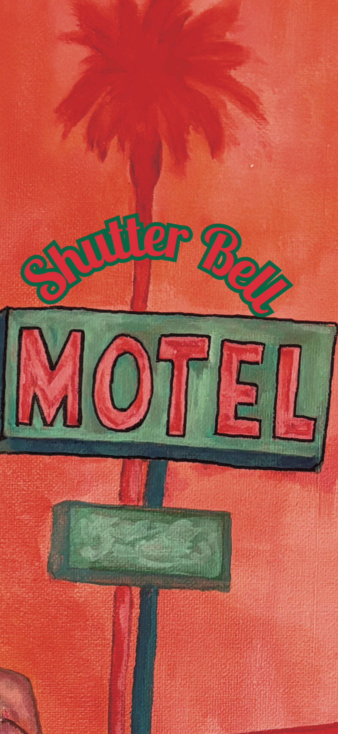 Close-up detail of the motel sign and palm tree illustration from the Shutter Bell art notebook; retro-inspired notebook artwork highlighting cover design.