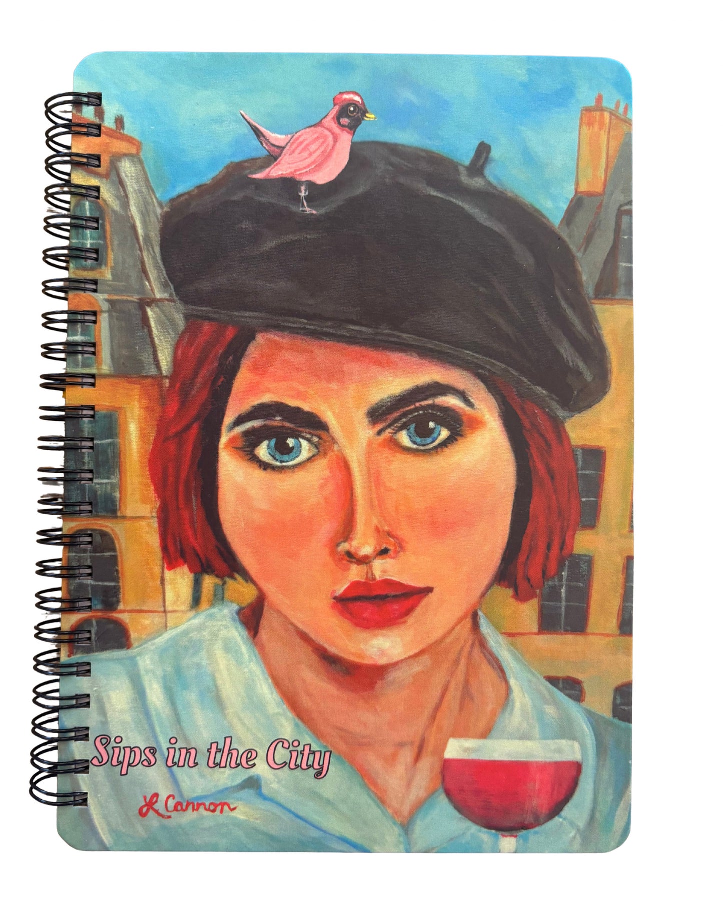 Notebook cover with Girl sipping a glass of wine in the streets of Paris and her Bird companion on her head 