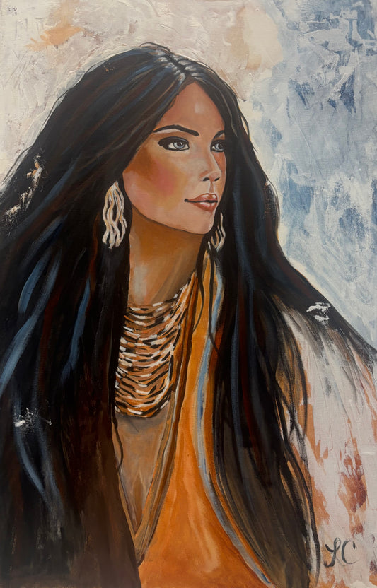 Artistic portrait of a woman with long dark hair and traditional jewelry against a textured background.