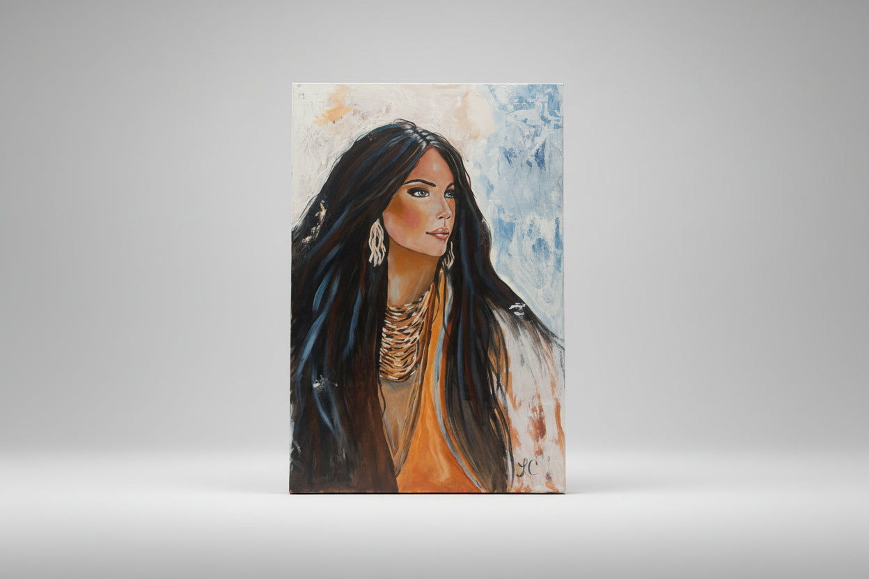 Artistic portrait of a woman with long dark hair and traditional attire against a textured background.